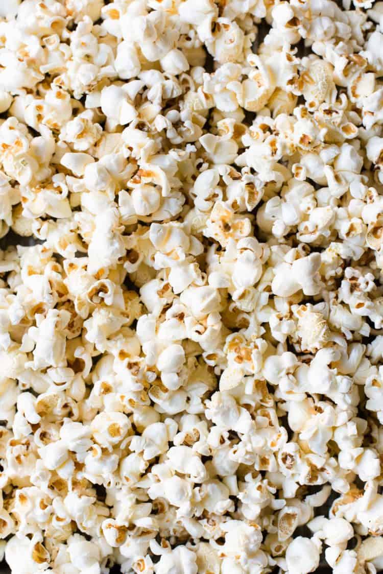 Close up of stovetop popped popcorn.