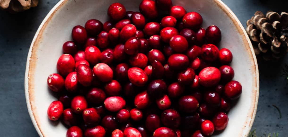 A bowl of fresh cranberries.