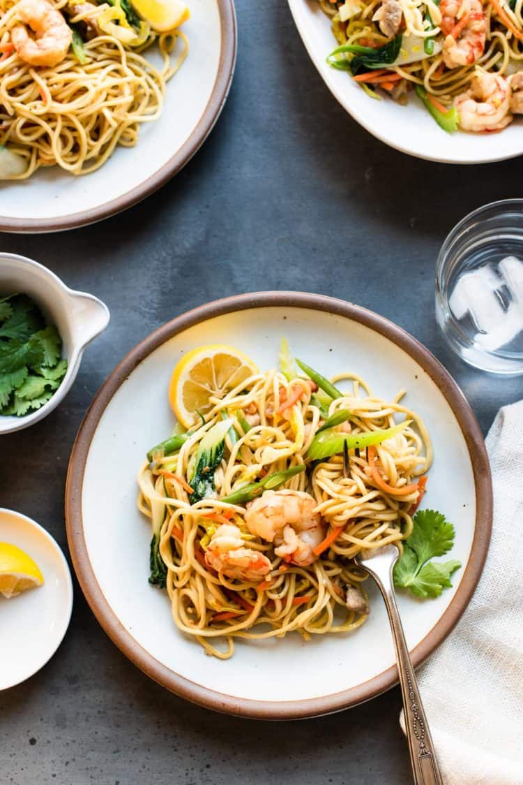 A serving of Pancit Canton on a plate.