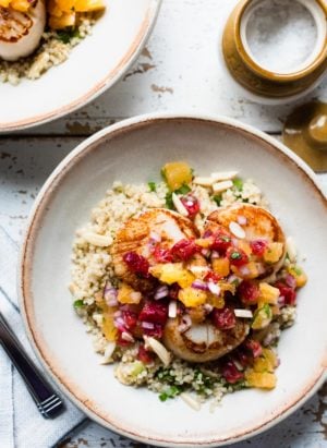 Seared Scallops with Citrus Salsa on a bed of quinoa.