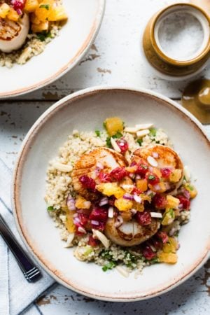 Seared Scallops with Citrus Salsa on a bed of quinoa.