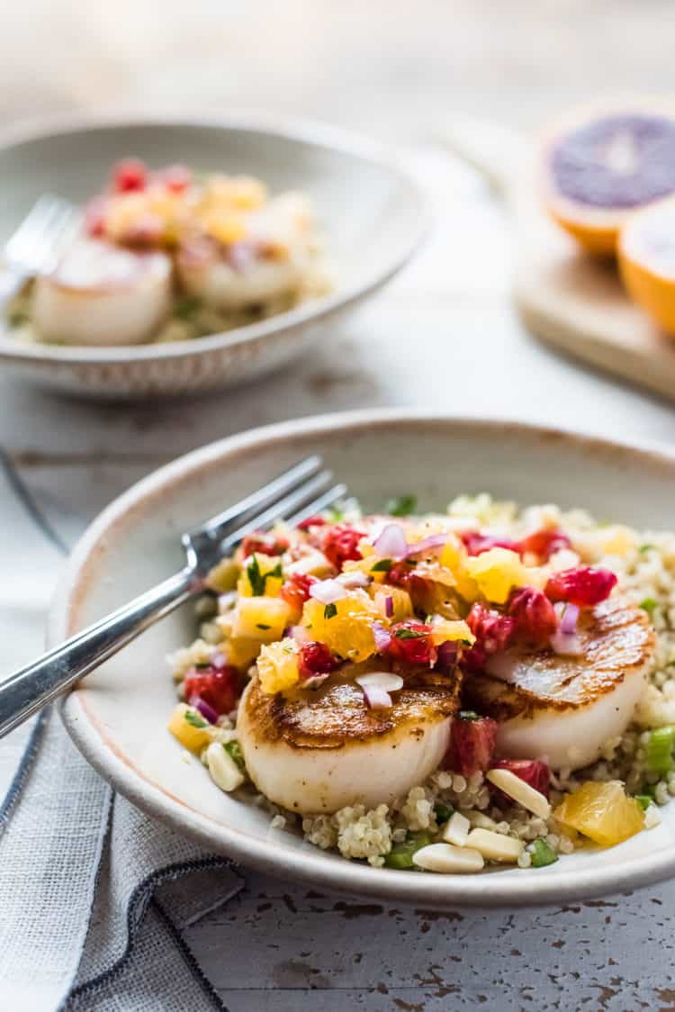 Seared Scallops with Citrus Salsa on a bed of quinoa