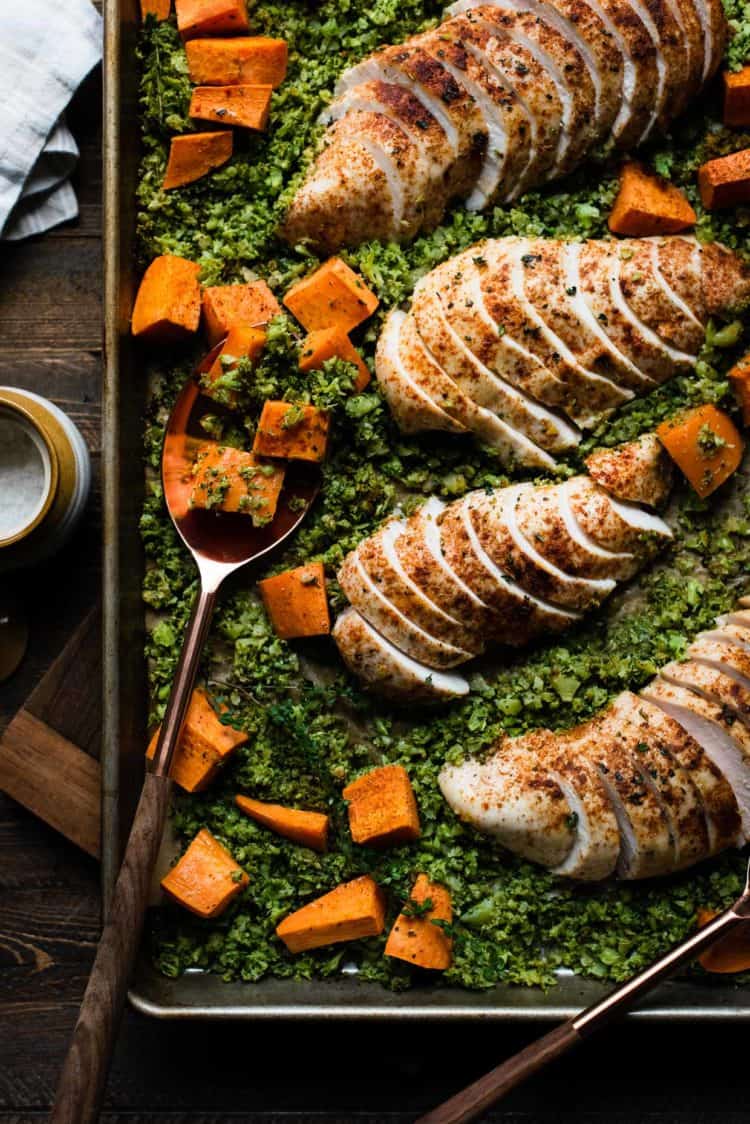 Sheet pan moroccan chicken with broccoli rice and sweet potatoes