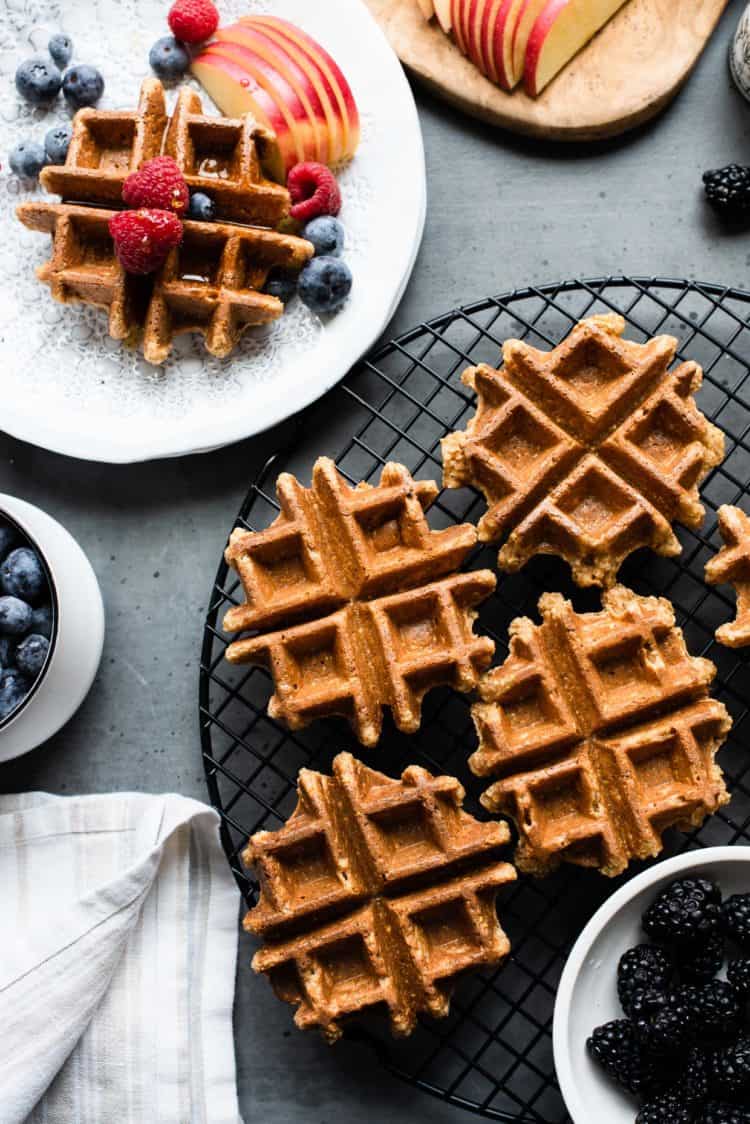 Apple Oatmeal Blender Waffles on a rack.