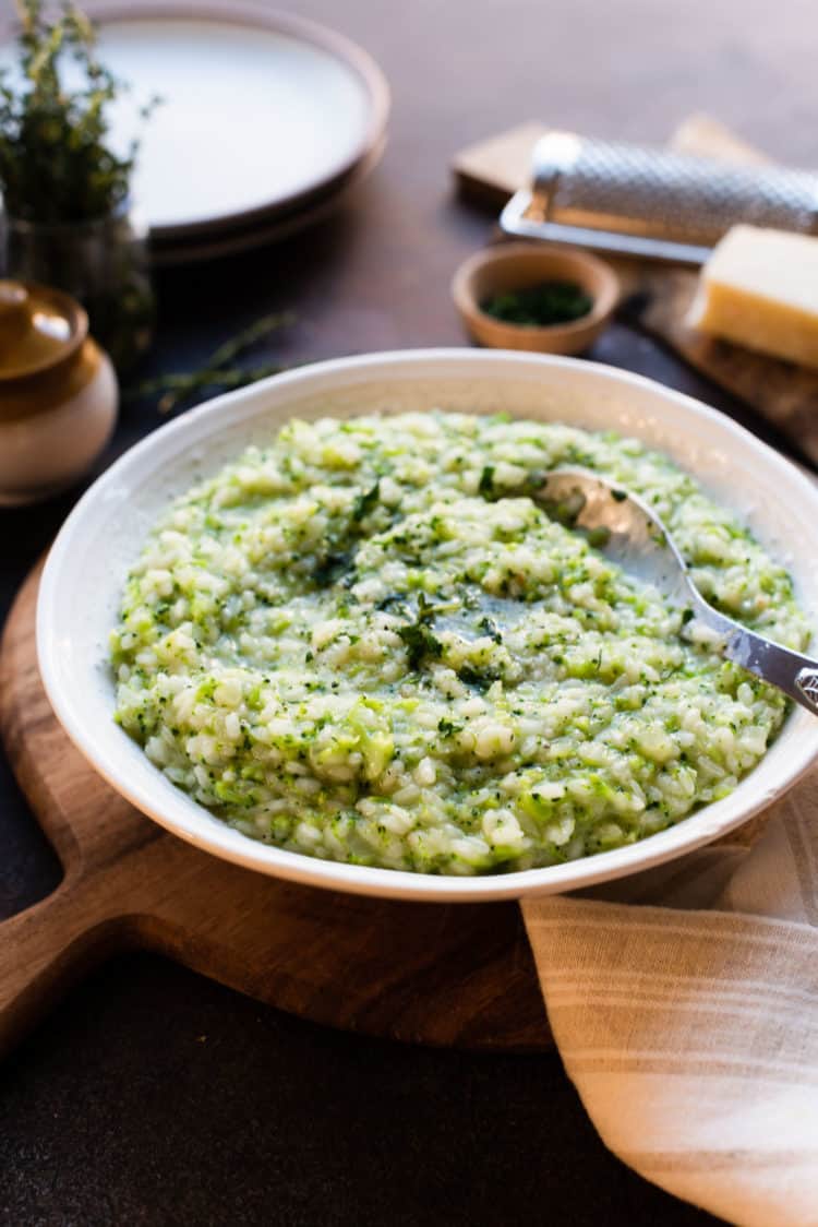Broccoli Risotto made with riced broccoli in a serving dish.