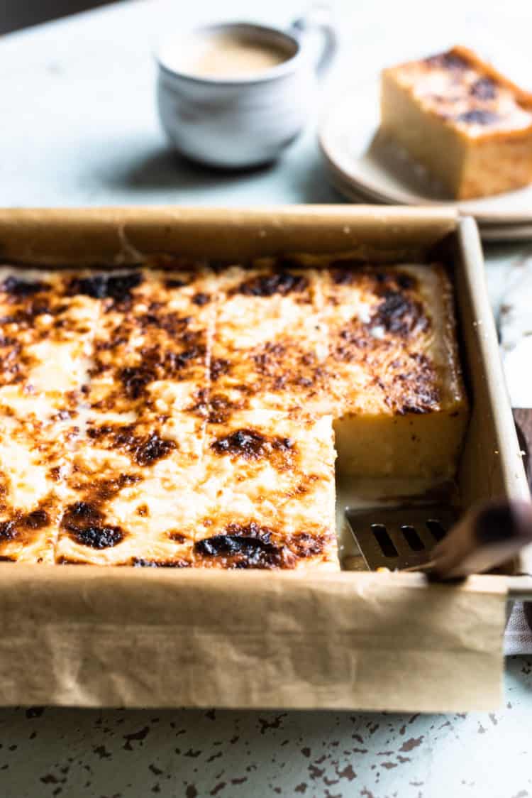 Cassava Cake in a cake pan with a condensed milk brûlée.