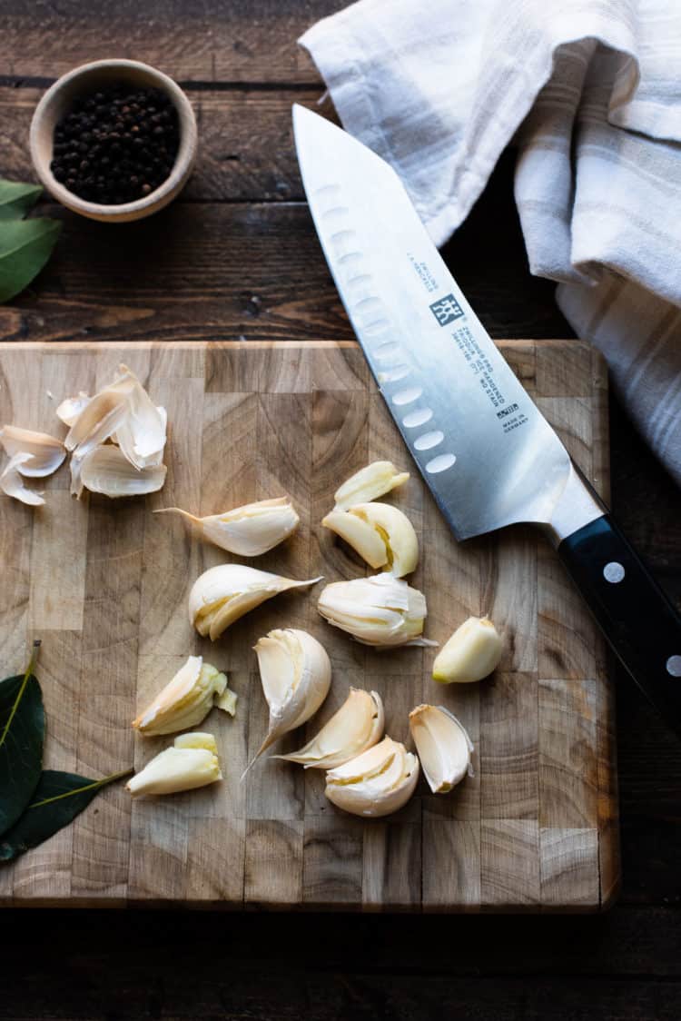 Garlic on a cutting board for Instant Pot Chicken Adobo.