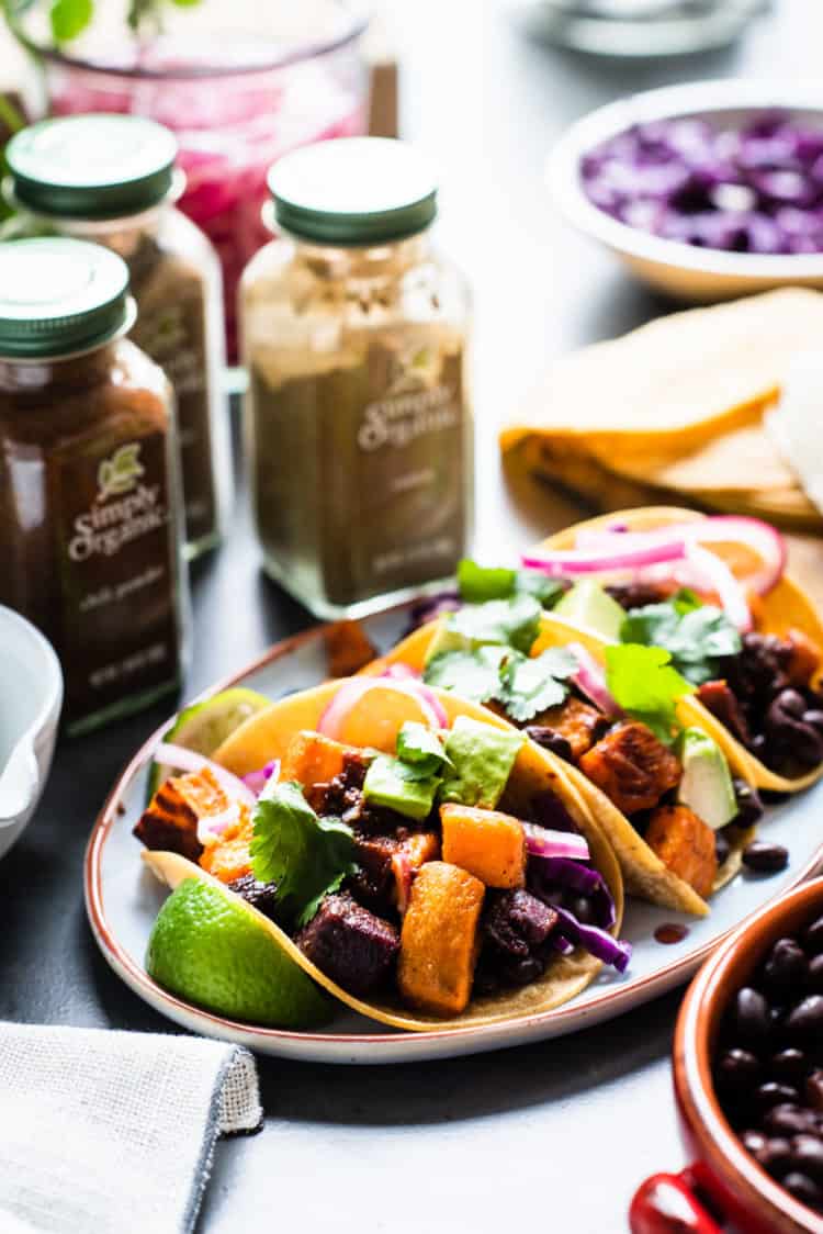 Chipotle-Spiced Sweet Potato Tacos on a platter.