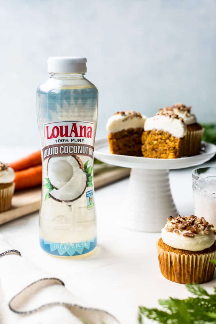 LouAna Liquid Coconut Oil and carrot cake cupcakes.