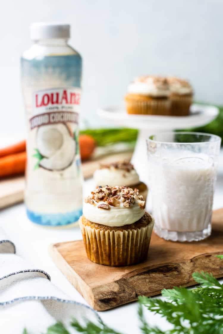 Carrot cake cupcakes made with LouAna Liquid Coconut Oil.