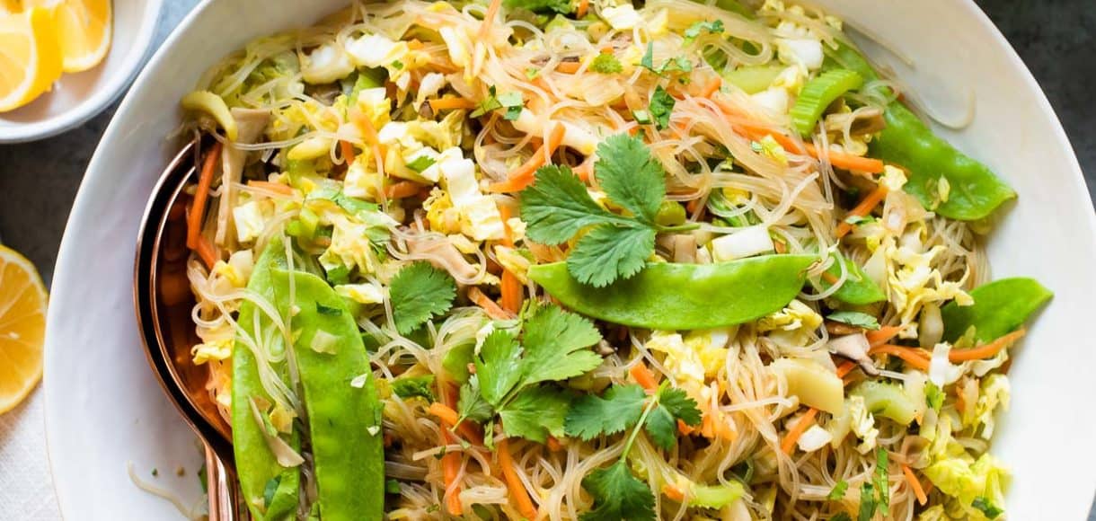 Vegetarian Pancit Bihon in a serving dish.