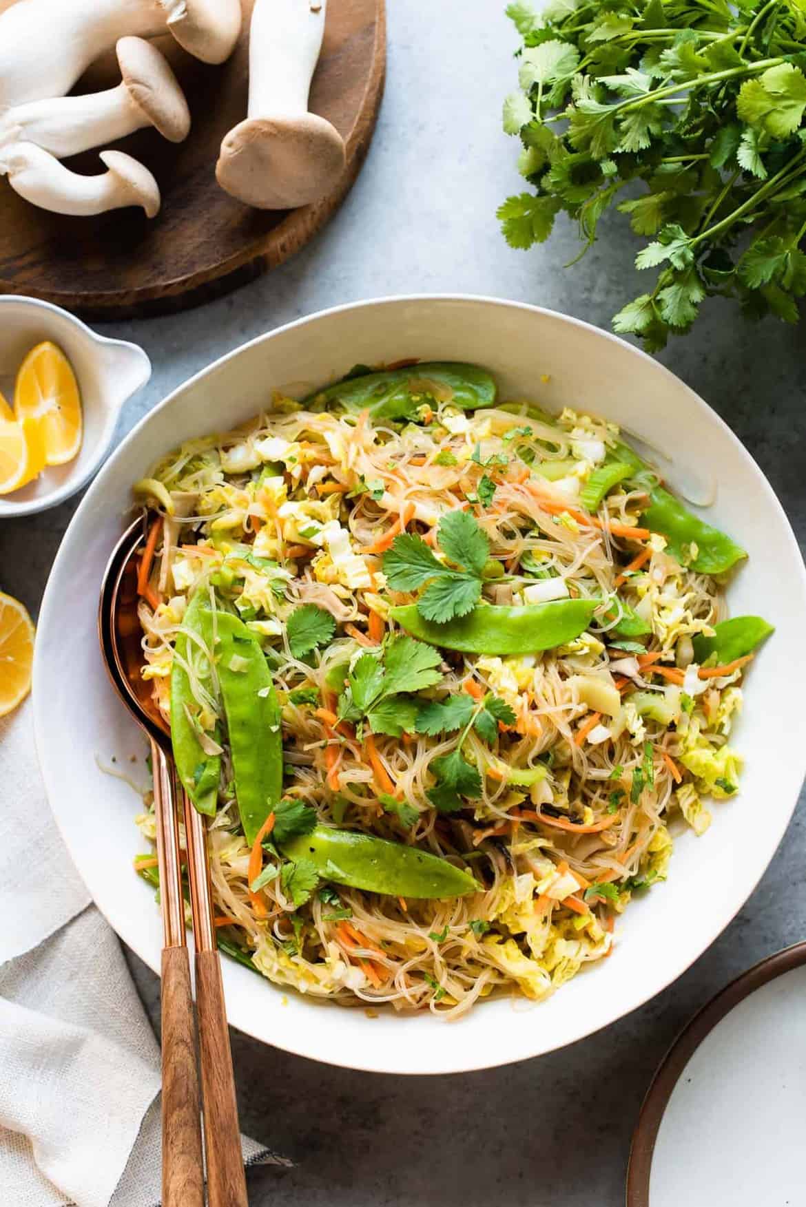 Vegetarian Pancit Bihon in a serving dish.