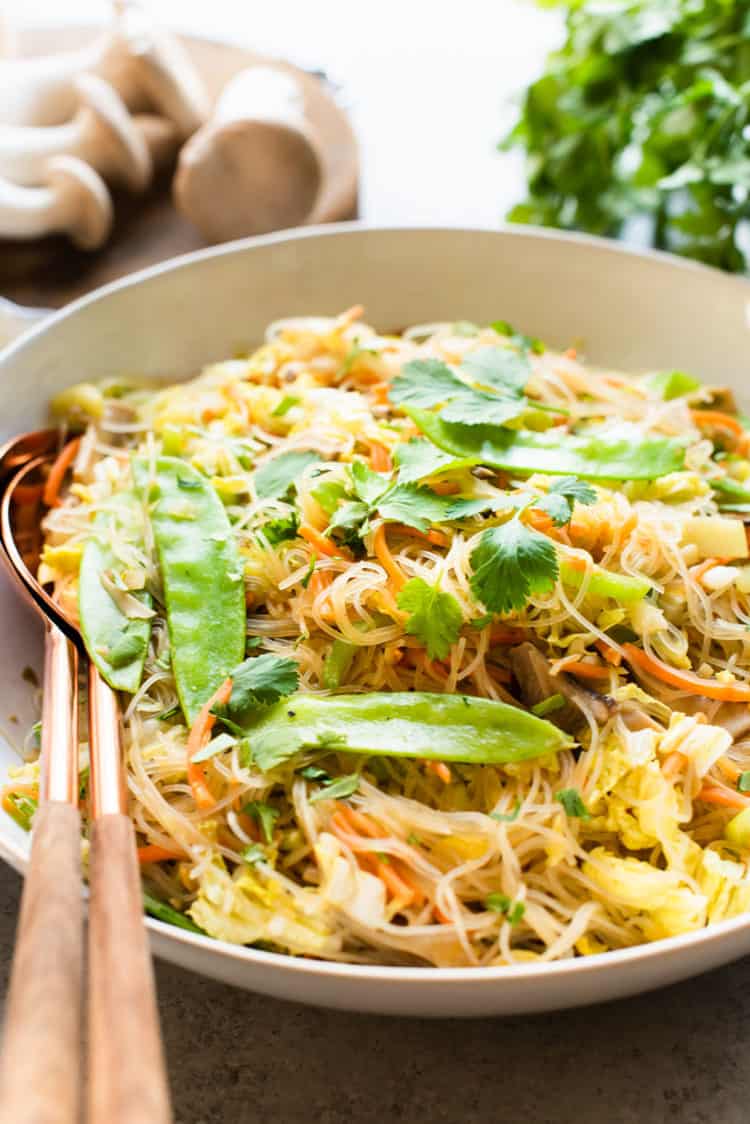 Vegetarian Pancit Bihon - noodles with veggies in a serving dish.