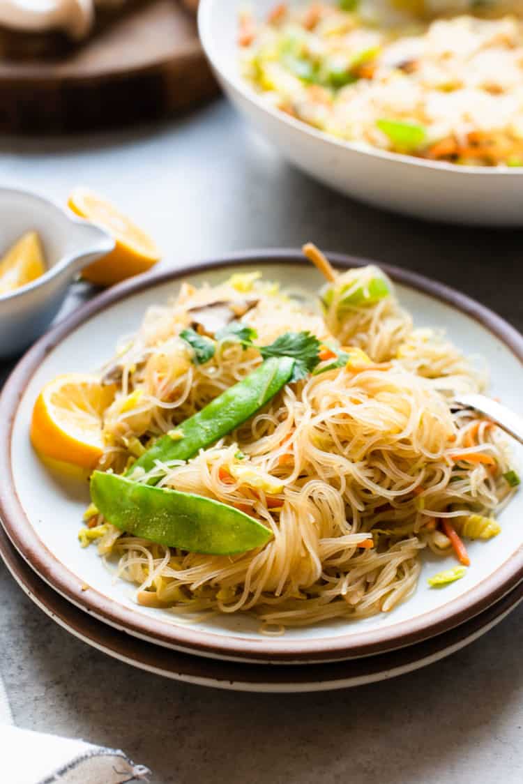 A serving of vegetarian pancit bihon on a plate.