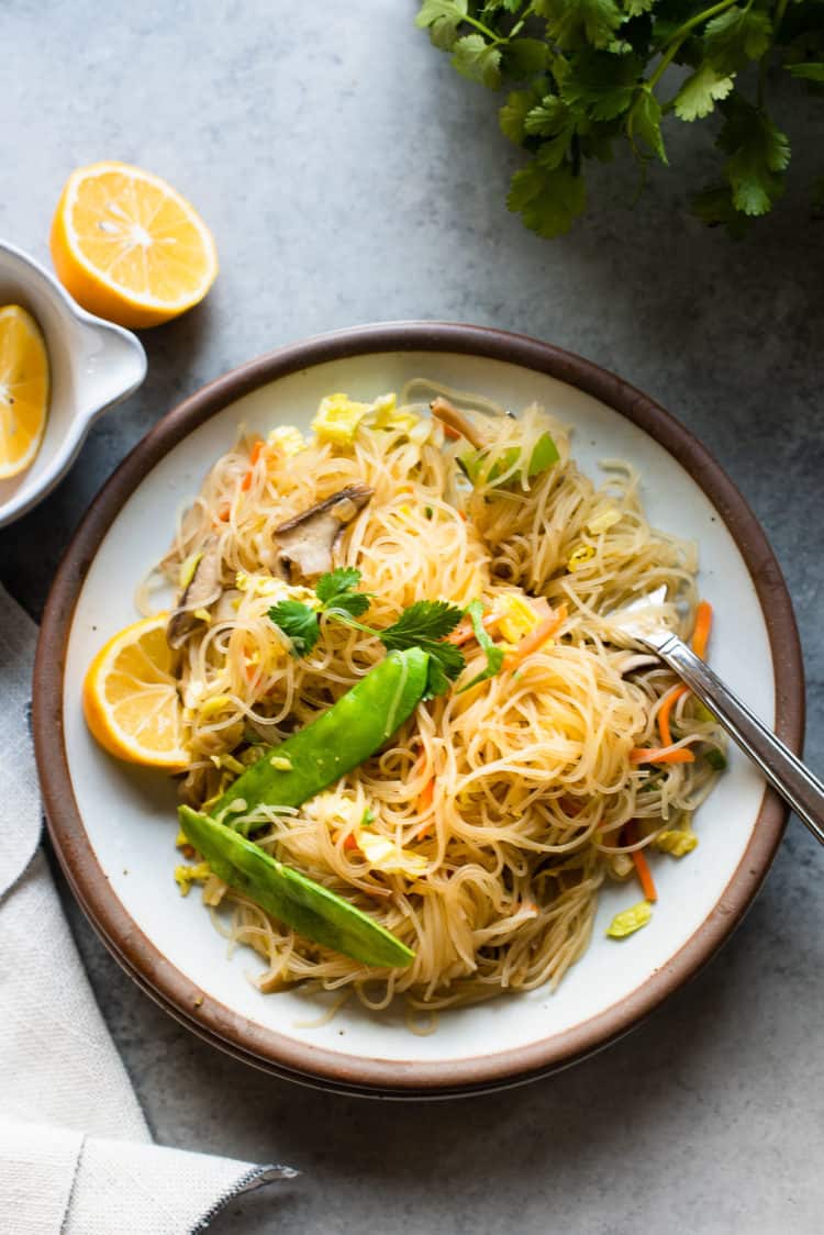 Serving of Vegetarian Pancit Bihon - rice noodles with veggies.