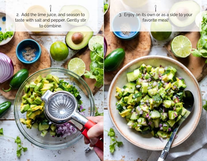 Steps 2 and 3 of how to make Avocado Cucumber Salad.