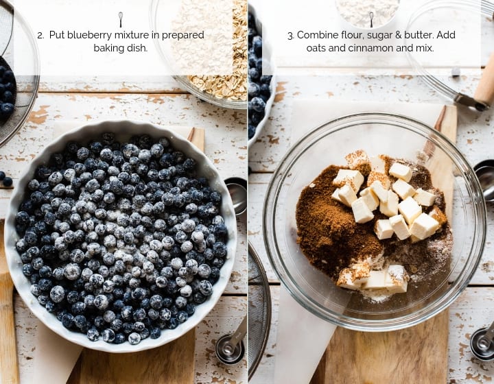 Instructions for how to make Blueberry Crisp.