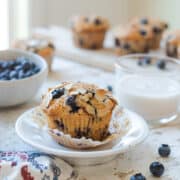 Blueberry Almond Butter Muffins on a white plate.