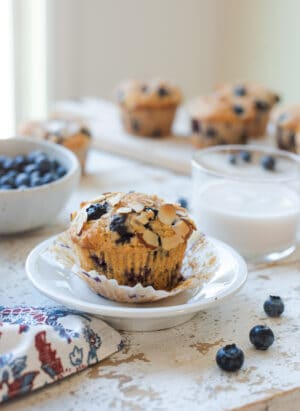 Blueberry Almond Butter Muffins on a white plate.