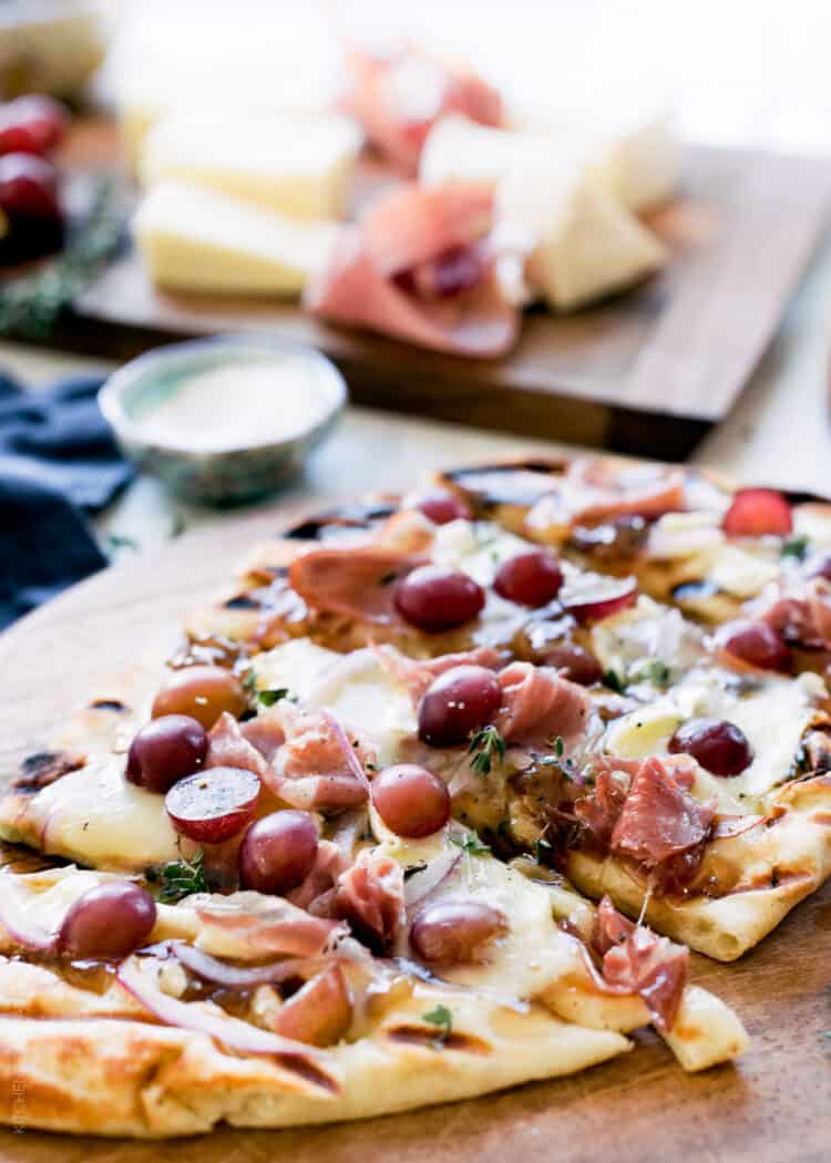 Grilled Naan Flatbread with Grapes, Onion Jam, Prosciutto and Double
