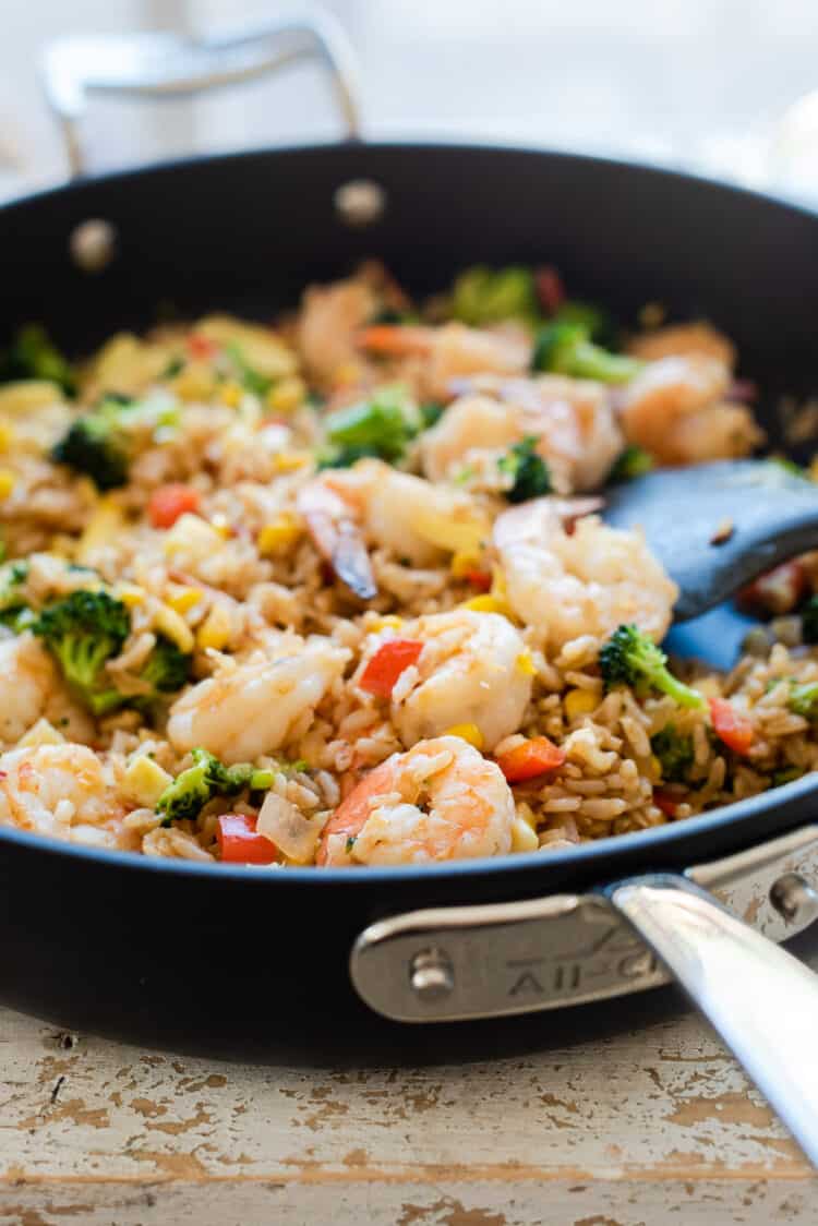 Spicy Shrimp Fried Rice in a nonstick skillet.
