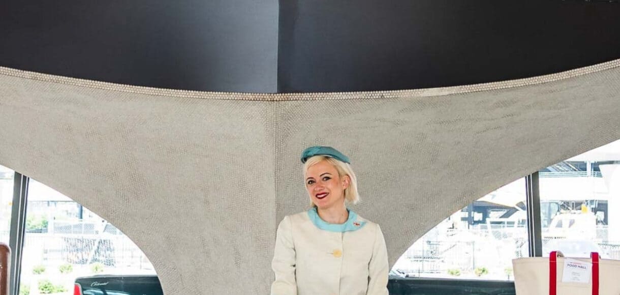 Vintage TWA flight attendant at TWA Hotel in JFK Airport