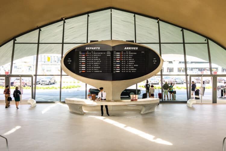 The bright and airy lobby greets guests at the TWA Hotel.