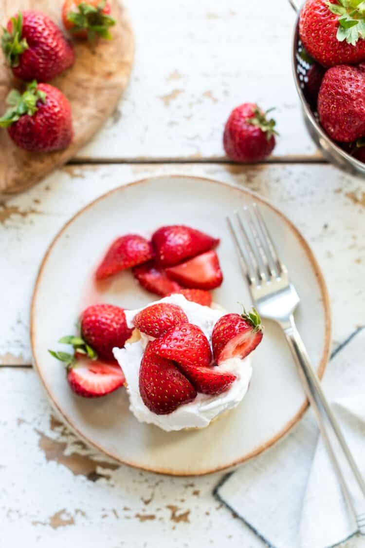 Overhead view of strawberry shortcake.