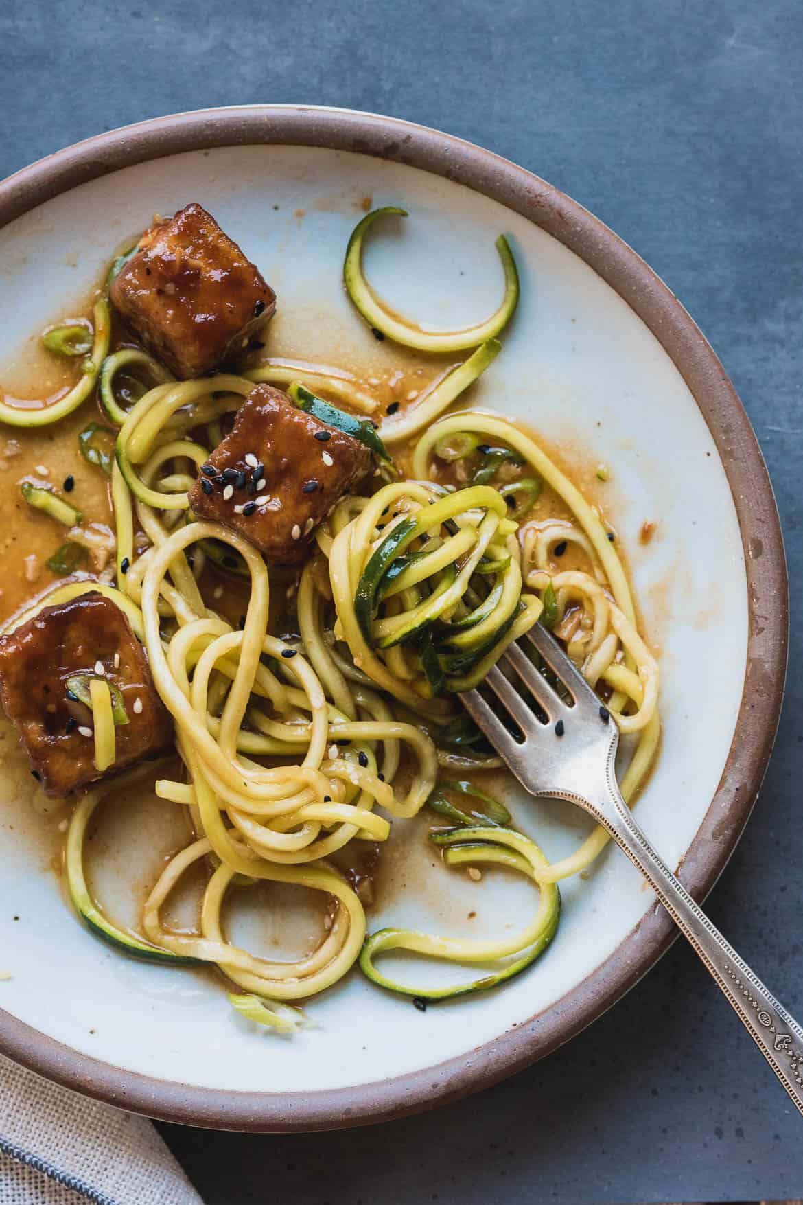 Sweet and Spicy Crispy Tofu with Zucchini Noodles Kitchen Confidante®