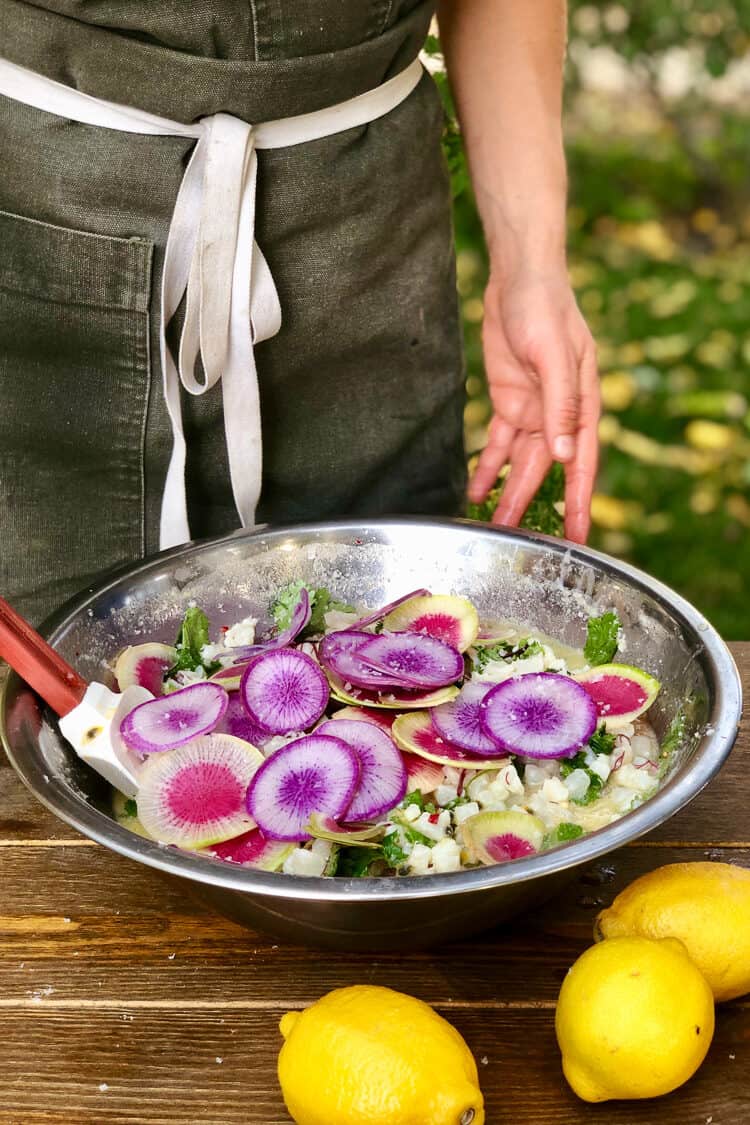 Cooking Halibut Aguachile with Chef Meave McCauliffe at Cobram Estate Harvest 2019.