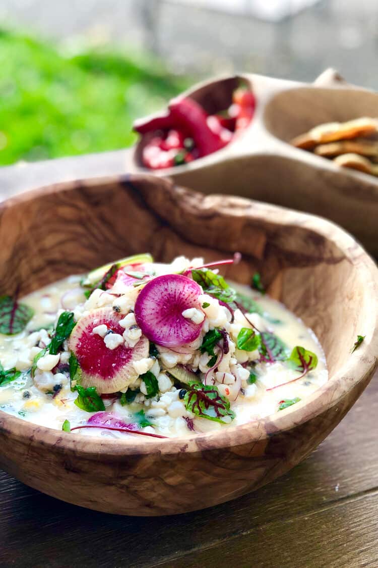 Halibut aguachile with olive oil and pepita crackers at the Cobram Estate Harvest dinner.