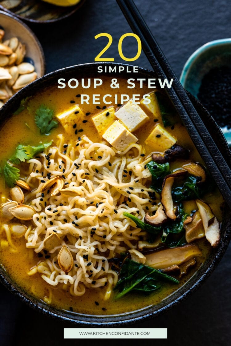Spicy Pumpkin Ramen in a black bowl, one of 20 simple soup and stew recipes to stay cozy.