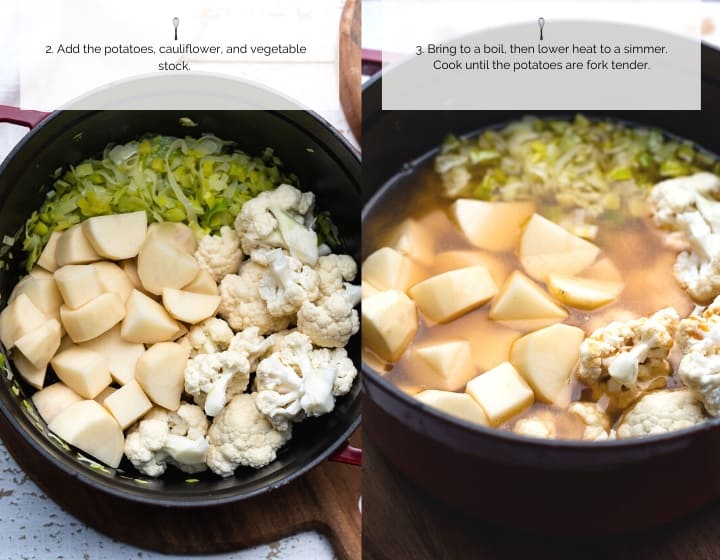 Step by Step Instructions for How to Make Creamy Cauliflower and Potato Soup.