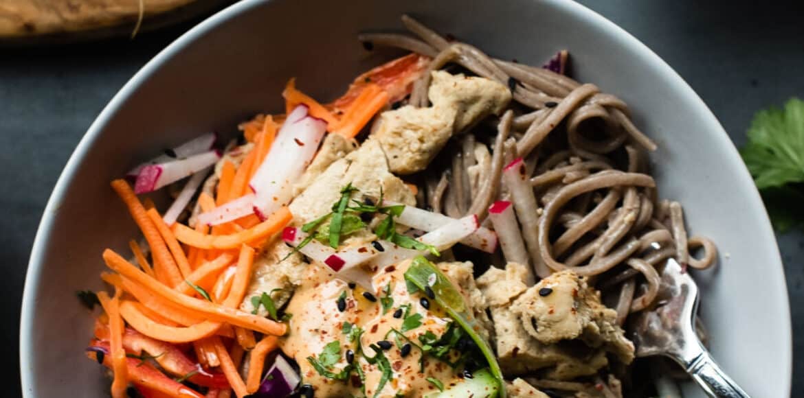 Soba Noodles and Chicken with Spicy Peanut Sauce in a bowl, one of 15 simple leftover chicken recipes to make meals easier.