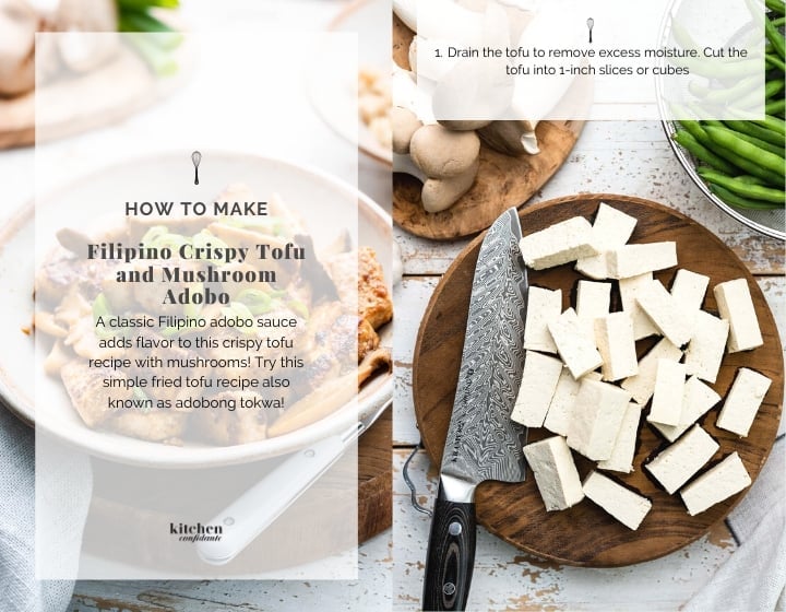 Step-by-step instructions for this fried tofu recipe. Cutting the tofu into slices.