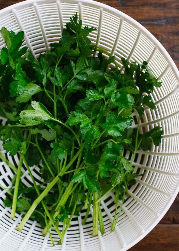 Parsley washed in a salad spinner.