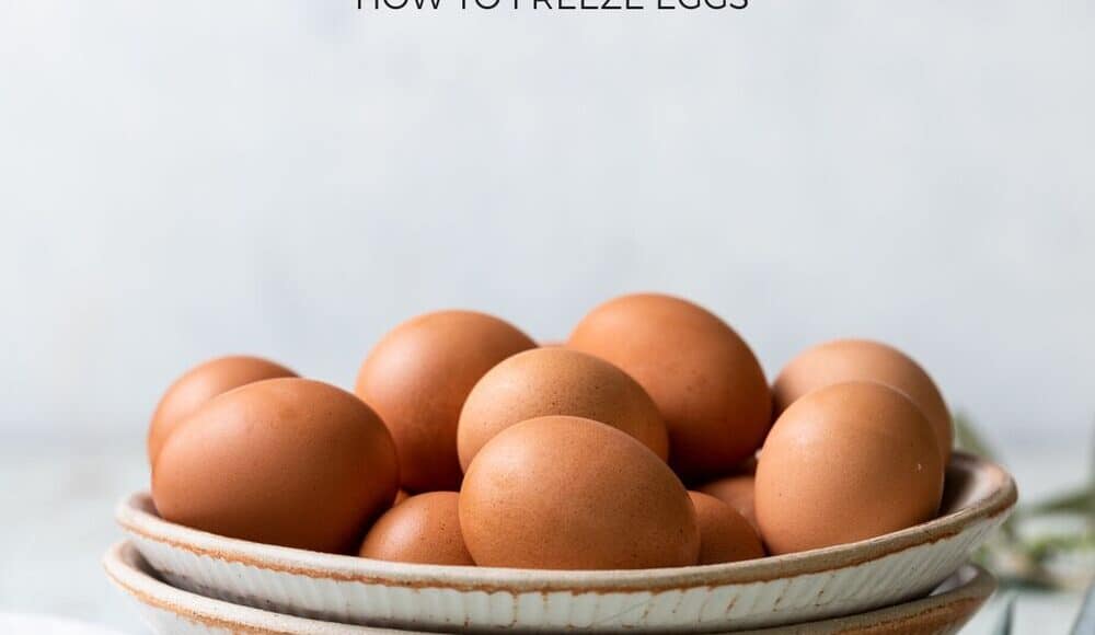 Brown eggs in a cream colored bowl that can be used to freeze eggs.