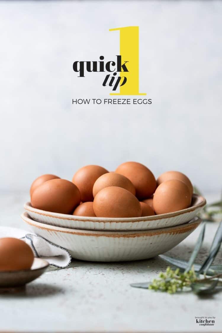 Brown eggs in a cream colored bowl that can be used to freeze eggs.