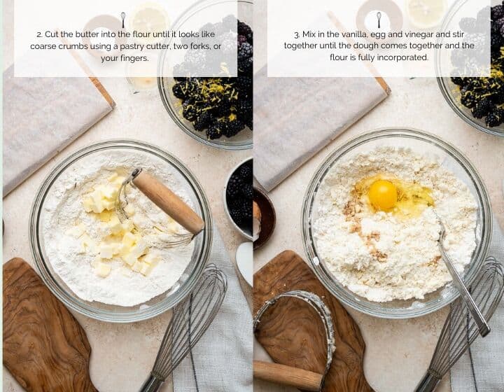 Step by step instructions for how to make blackberry crumble: cutting in the butter and adding egg.