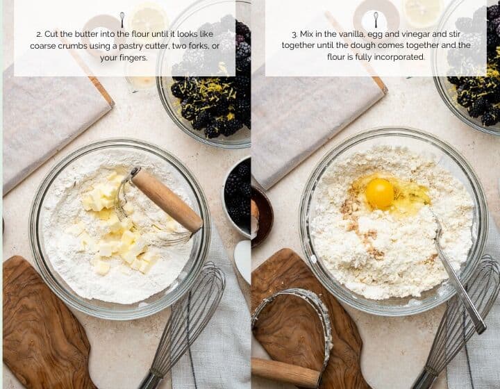 Instructions étape par étape pour savoir comment faire le crumble aux mûres : couper le beurre et ajouter l'œuf.