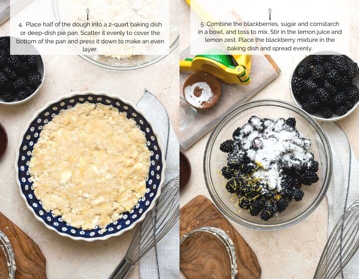 Instrucciones paso a paso de cómo hacer crumble de moras: presionar la masa en el plato y hacer el relleno.