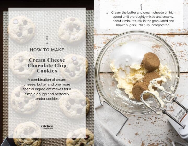 Step by step instructions for how to make soft and chewy cookies: creaming butter, cream cheese, and two kind of sugar.