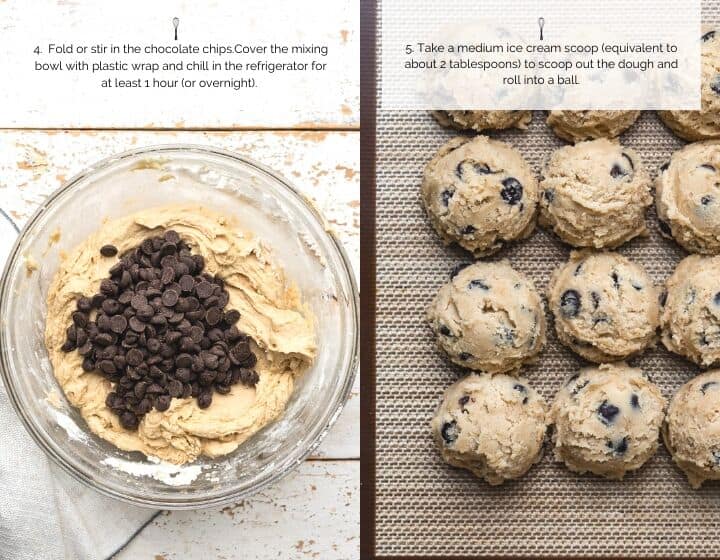 Step by step instructions for how to make soft and chewy cookies: stirring in chocolate chips and scooping dough.