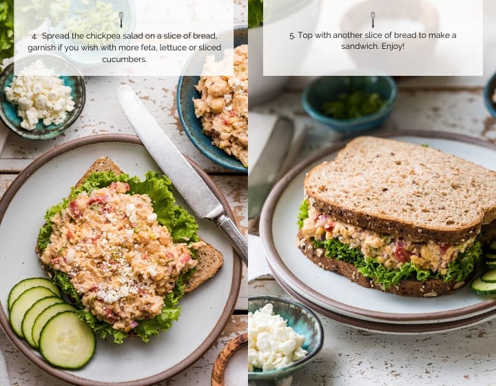 Step by step instructions to make a chickpea salad sandwich with feta.