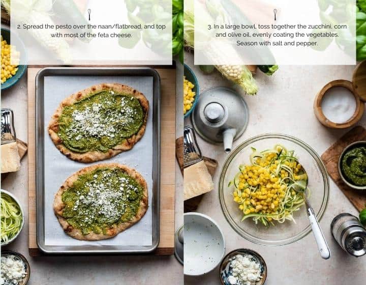 Step by step instructions for how to make Zucchini Corn and Pesto Flatbreads.