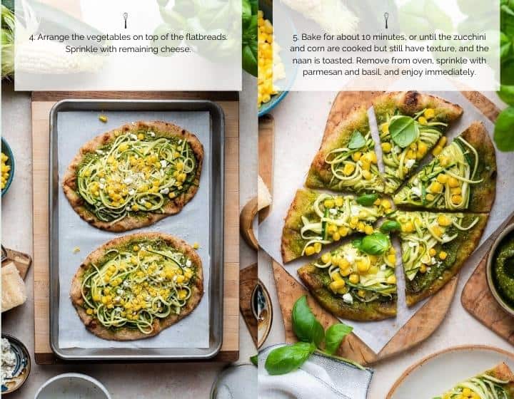 Step by step instructions for how to make Zucchini Corn and Pesto Flatbreads.