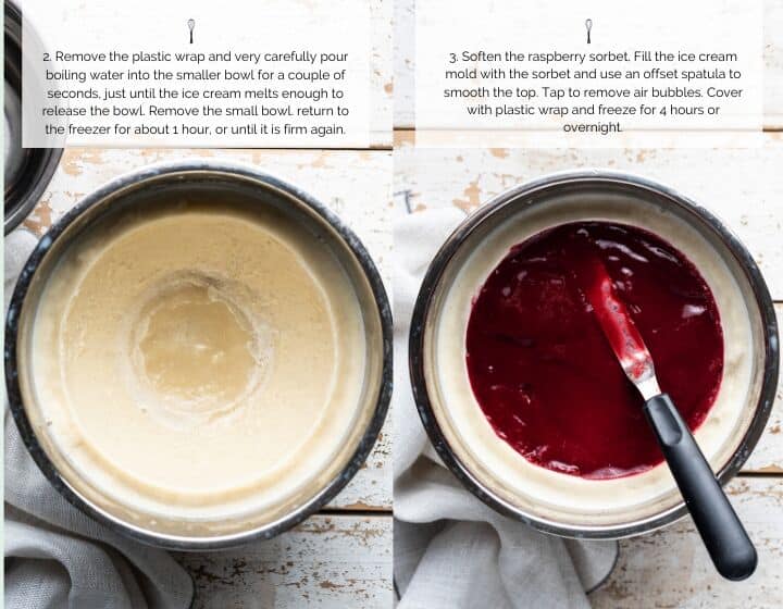 Step by step instructions for how to make Vanilla Raspberry Ice Cream Bombe.
