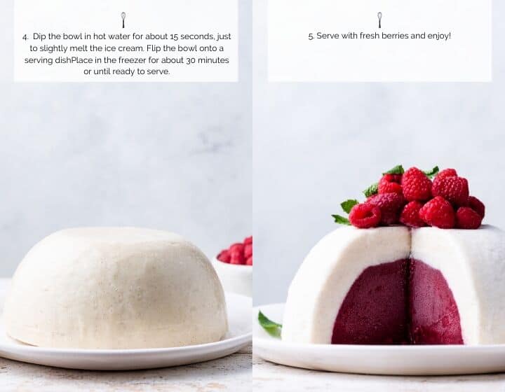 Step by step instructions for how to make Vanilla Raspberry Ice Cream Bombe.