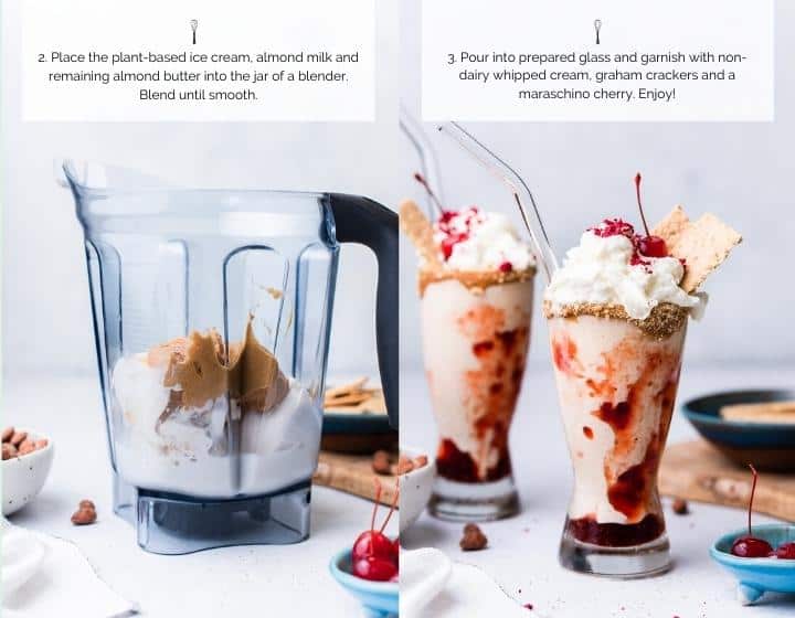 Step by step instructions for how to make an Almond utter and Jelly Vegan Milkshake.