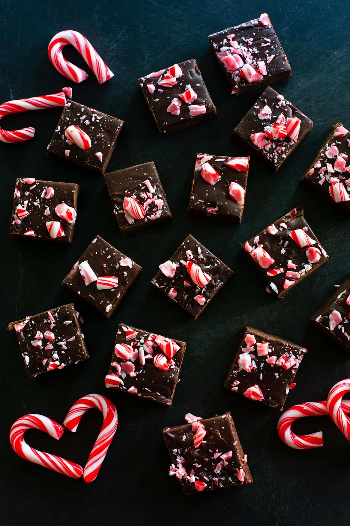 Squares of Dark Chocolate Kahlúa Peppermint Mocha Fudge topped with crushed candy canes.